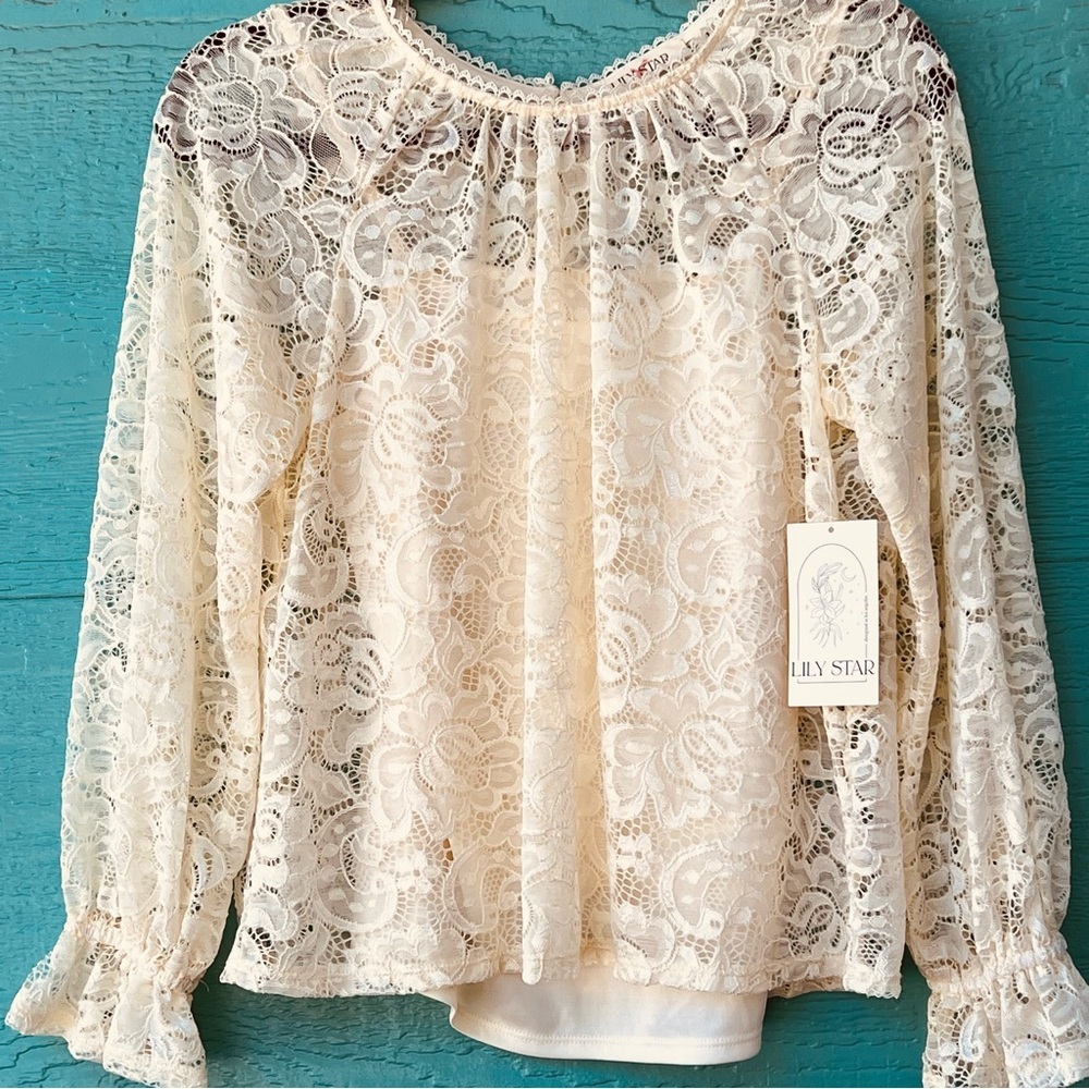 ROMANTIC FEMININE 2PC LACE BLOUSE SET CREAM SIZE SMALL LILLY STAR - Picture 2 of 11